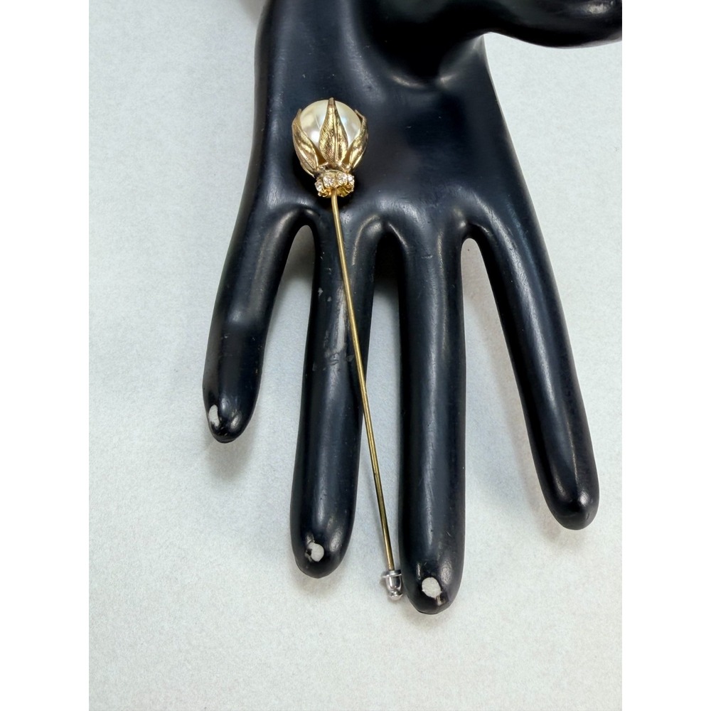Vintage Faux Pearl Rhinestone Rose Stick Pin Gold Tone Floral Lapel Hat Pin